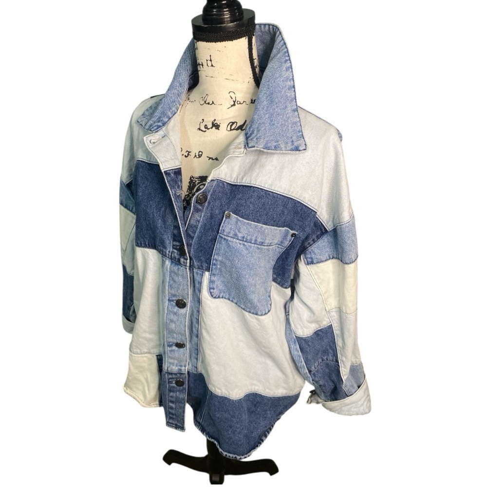 Forever 21 Jacket Blue Patchwork Denim Retro Util… - image 1